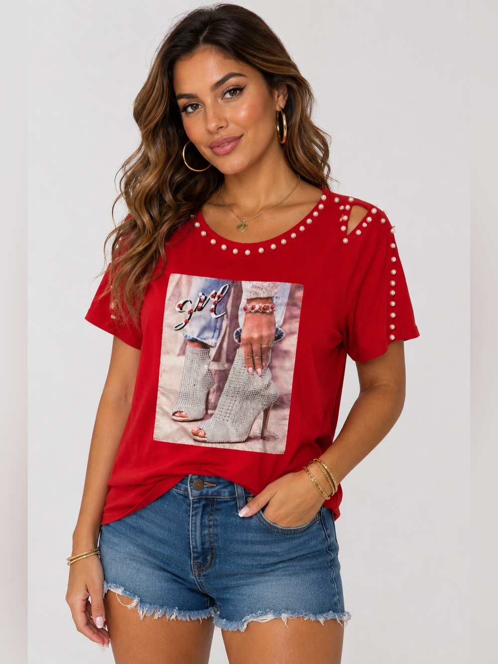 Vivid XL Red Pearl Embellished Graphic Tee Fashion Boot Print Top
